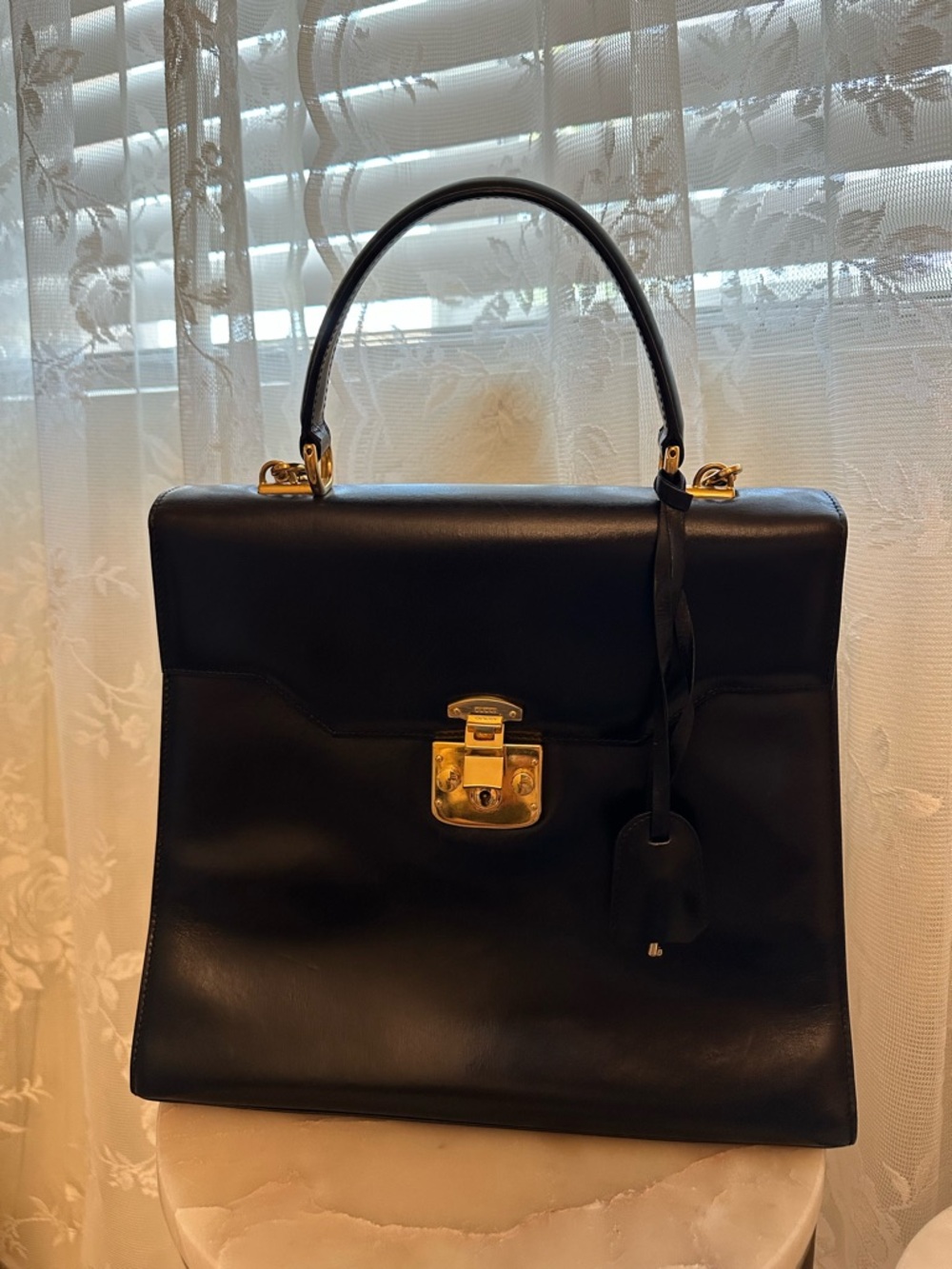 Authentic Gucci Classic Black Leather Top-Handle Bag with Gold Hardware